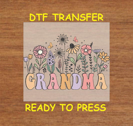 Floral Grandma DTF transfer featuring pastel wildflowers, butterflies, and vintage-style text.