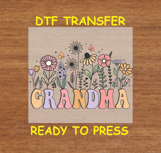 Floral Grandma DTF transfer with pastel flowers, butterflies, and vintage-style lettering.