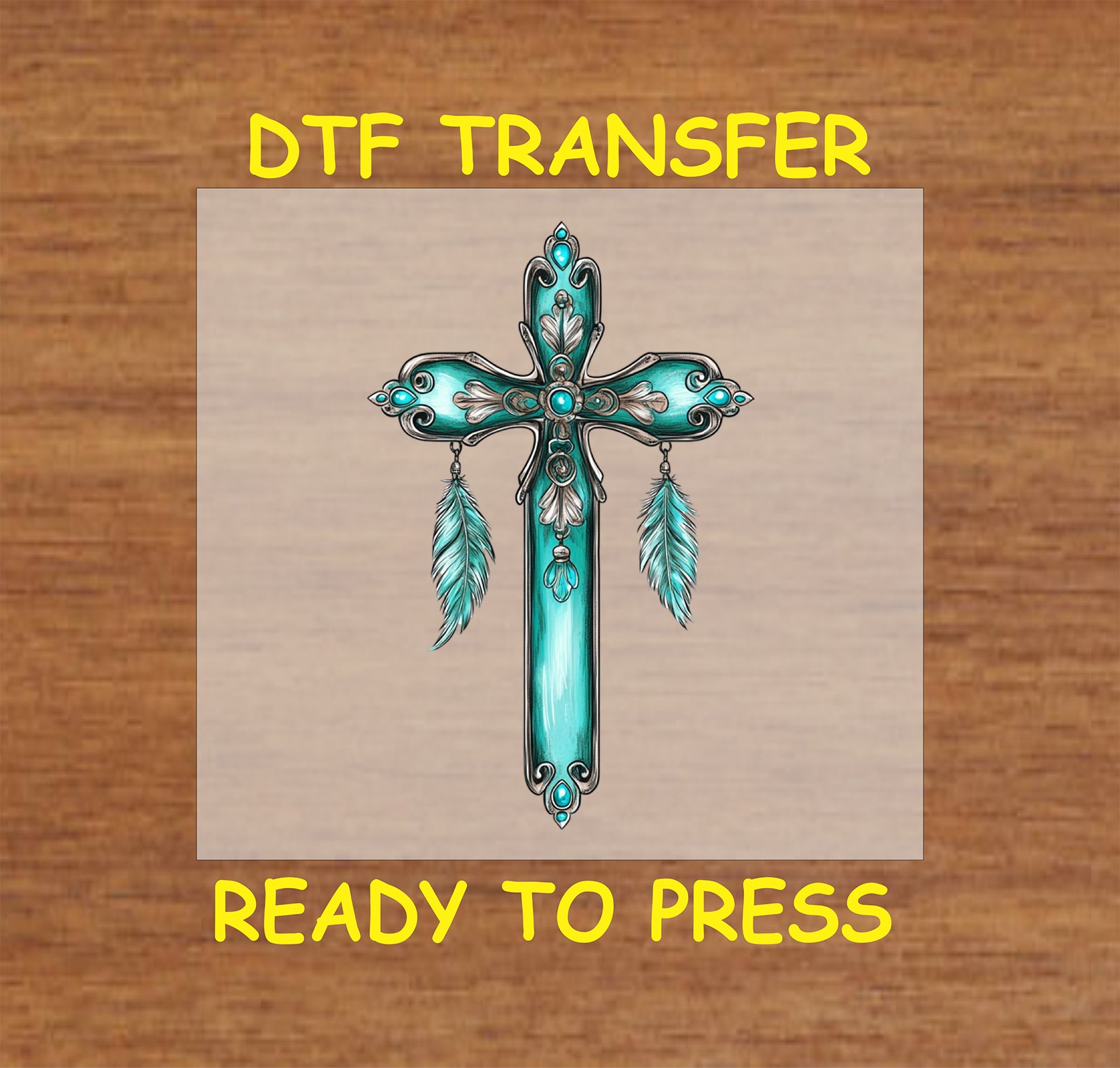 Turquoise Western Cross DTF transfer with ornate details and feathers.