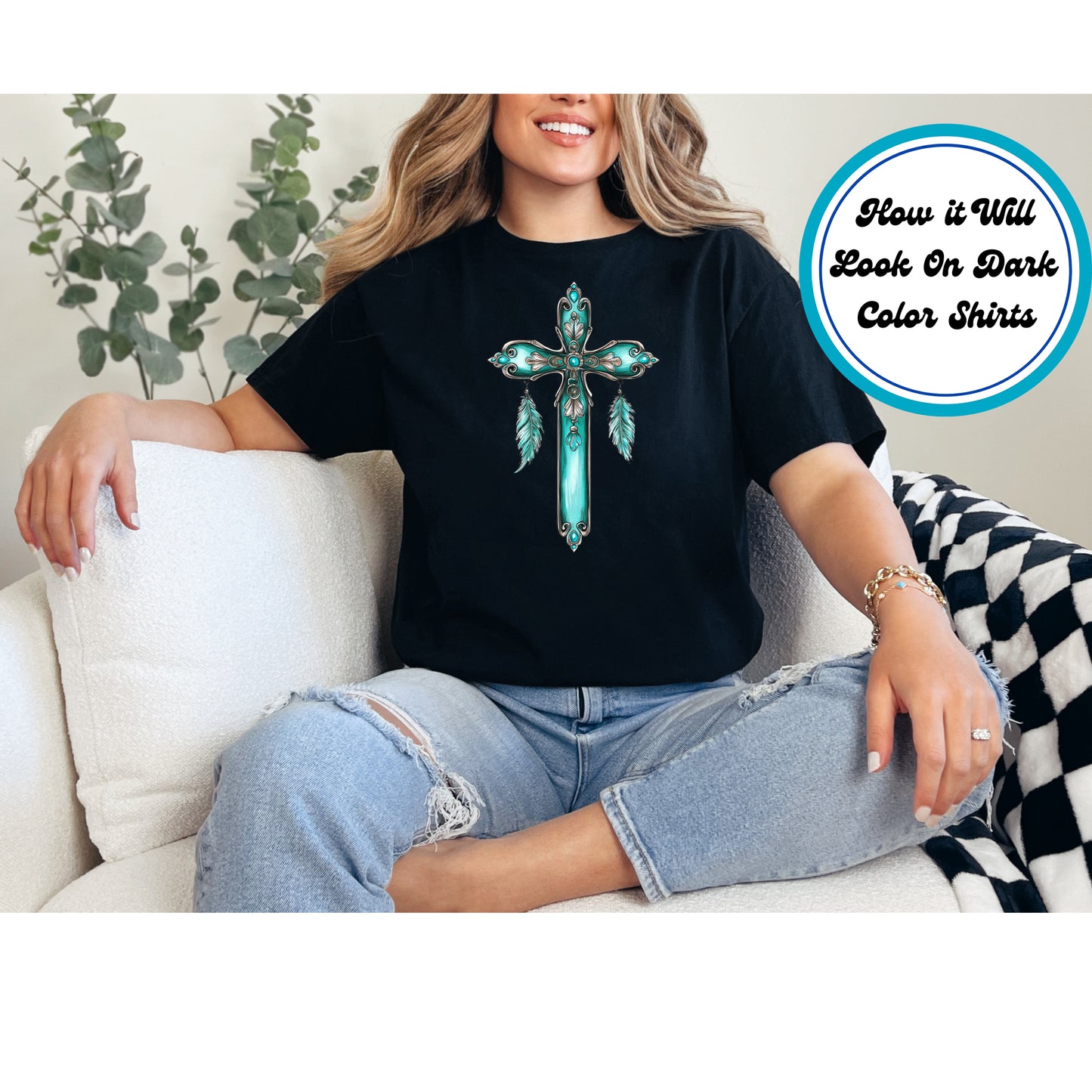 Western DTF Transfer Iron On Heat Transfer - Ready to Press, Turquoise Cross DTF Transfer 5664