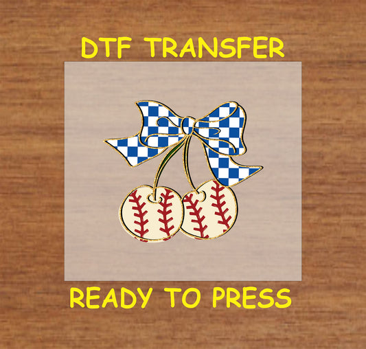 Baseball Bow DTF transfer featuring two baseballs tied with a blue gingham checkered bow.