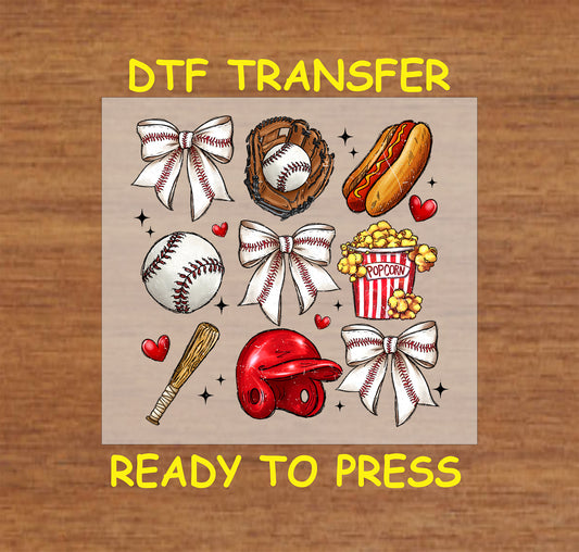 Baseball Game Day DTF transfer featuring baseball gear, bows, hot dog, popcorn, and hearts.