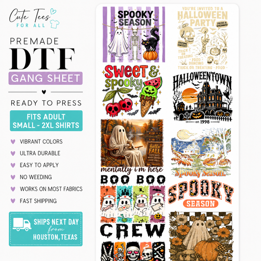 A promotional graphic for a premade DTF gang sheet featuring multiple Halloween-themed shirt transfer designs. The left side includes branding text 'Cute Tees For All' and product info reading 'PREMADE DTF GANG SHEET' with fit and shipping details.