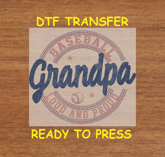 Baseball Grandpa DTF transfer with distressed text, baseball stitching, and a vintage sports theme for heat pressing.