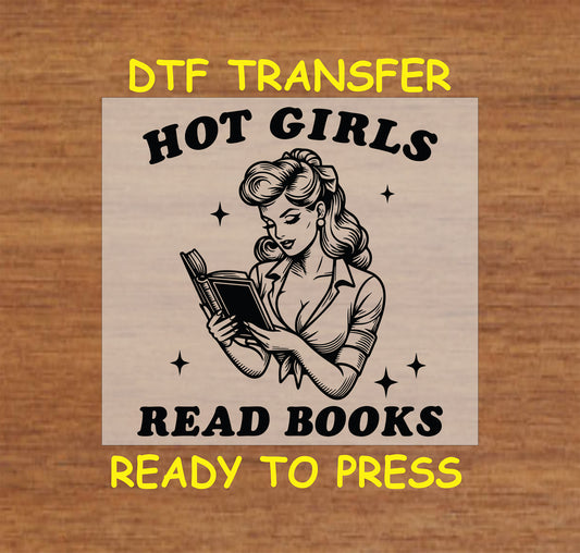 Retro pin-up style woman reading a book with stars. "Hot Girls Read Books" DTF transfer.