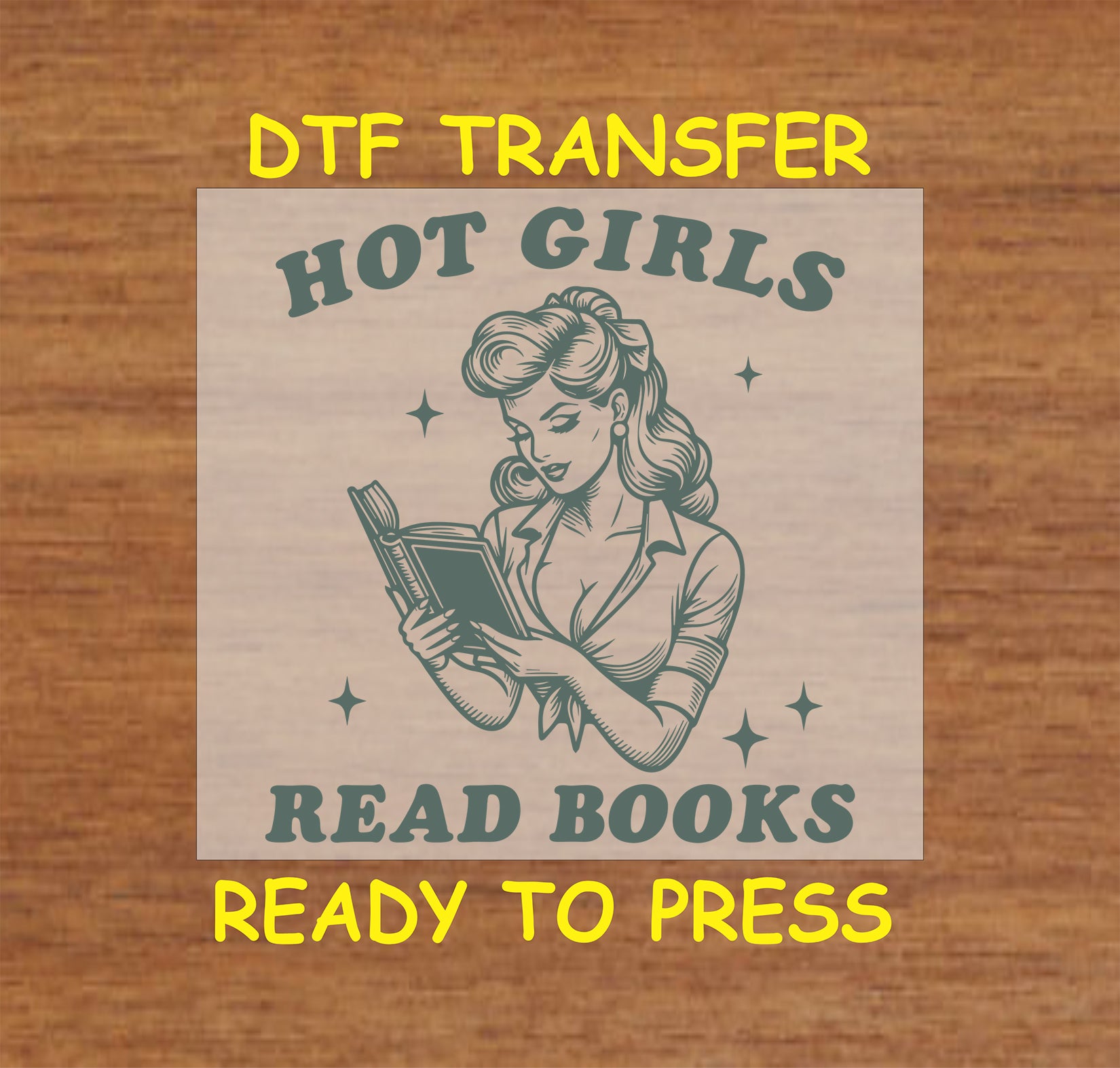 Vintage-style pin-up woman reading a book with "Hot Girls Read Books" text.