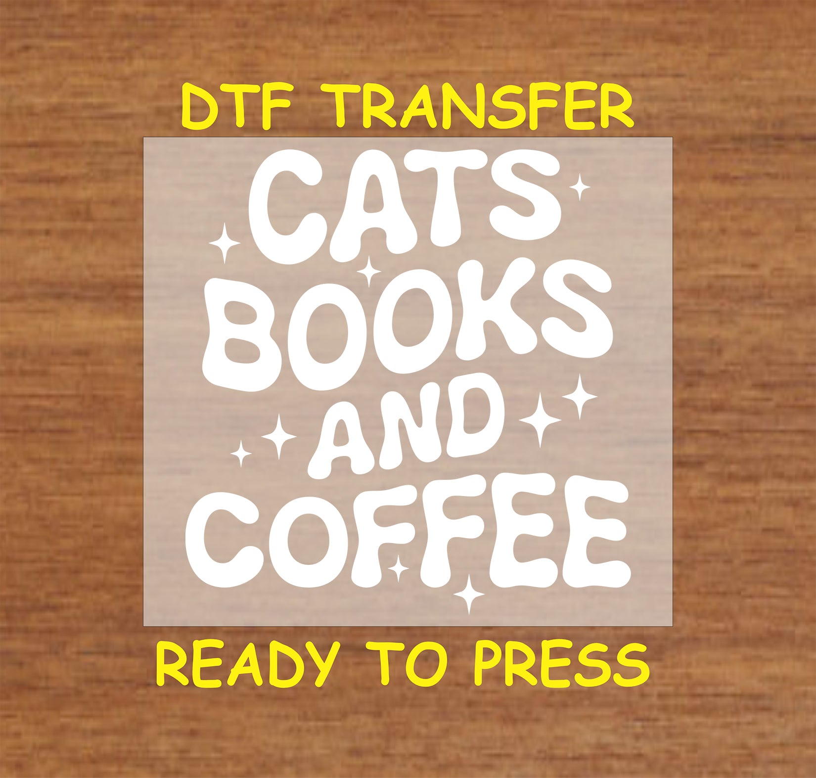 Cozy text design that reads "Cats, Books, and Coffee" with decorative sparkles.