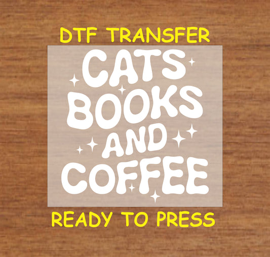 Cozy text design that reads "Cats, Books, and Coffee" with decorative sparkles.