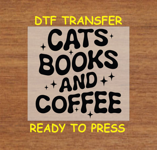 Cozy text design that reads "Cats, Books, and Coffee" with decorative sparkles.
