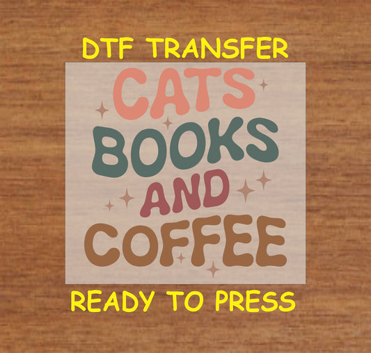 Cats, Books, and Coffee text design with retro-style lettering.