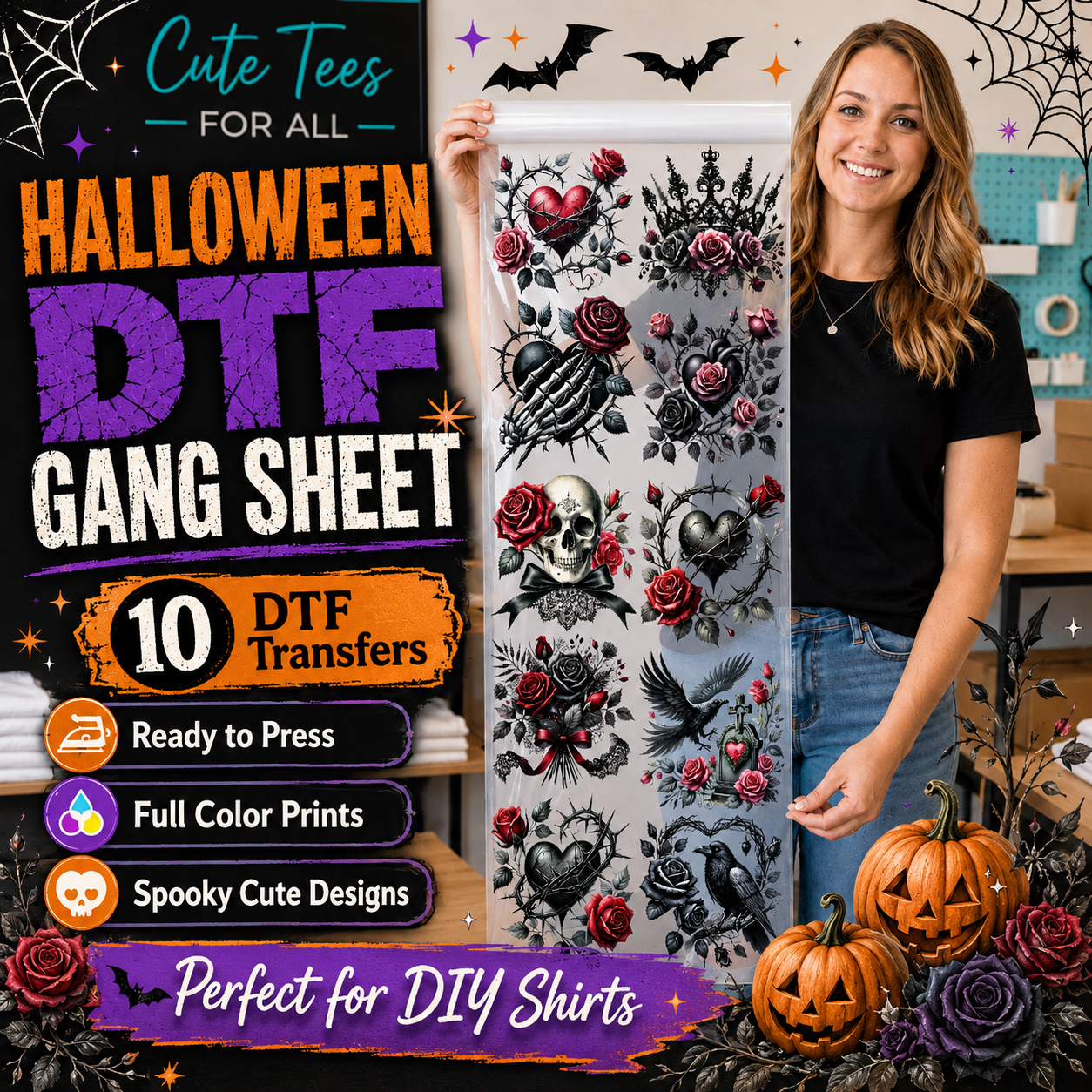 A woman holds up a roll of Halloween DTF gang sheet transfer tape featuring gothic tattoo-style designs like skulls, hearts, roses, bats, and crows. The left side has a large promotional graphic with text reading 'Halloween DTF Gang Sheet,' '10 DTF Transfers,' 'Ready to Press,' 'Full Color Prints,' 'Spooky Cute Designs,' and 'Perfect for DIY Shirts.