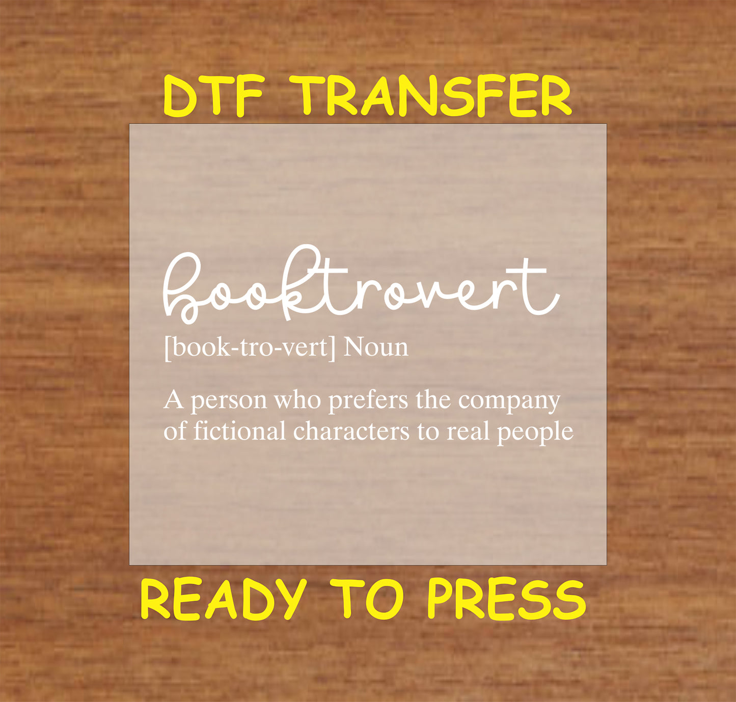 White text design reading "Booktrovert" with a humorous definition about loving fictional characters.