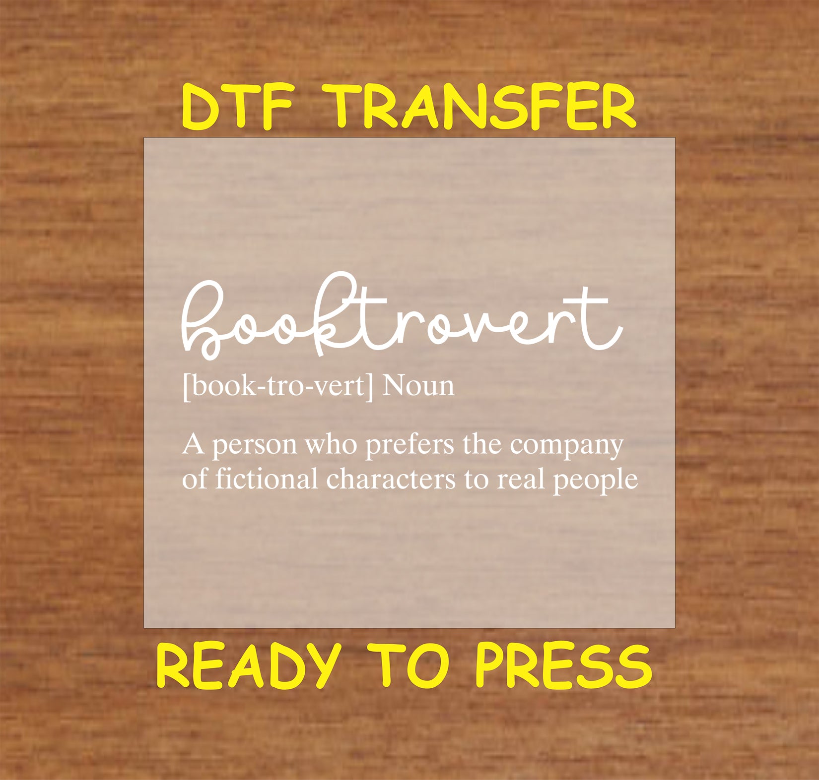White text design reading "Booktrovert" with a humorous definition about loving fictional characters.