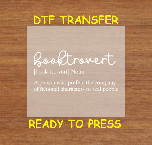 White text design reading "Booktrovert" with a humorous definition about loving fictional characters.