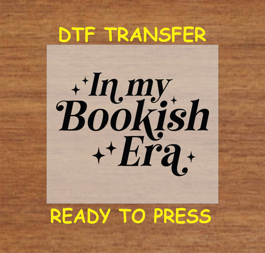 Black text design reading "In My Bookish Era" with decorative sparkles.