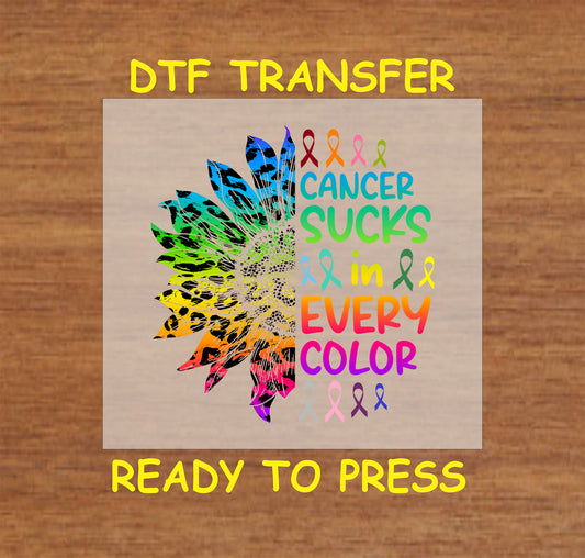 Cancer awareness DTF transfer with a colorful sunflower and awareness ribbons.