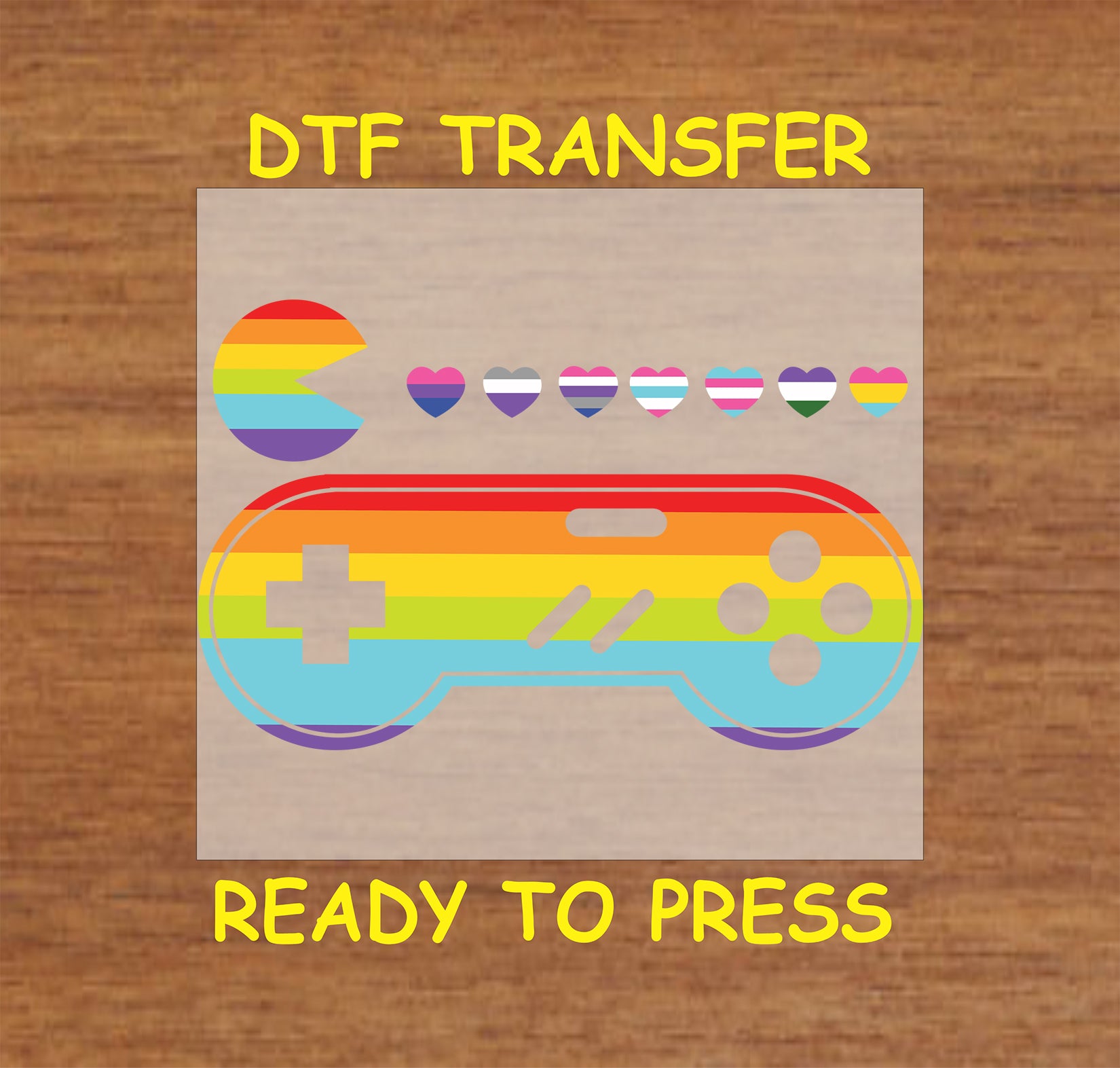 Pride Gamer DTF transfer with a rainbow gaming controller and pride flag hearts.