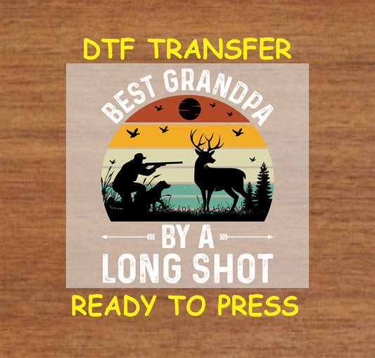 Best Grandpa by a Long Shot DTF transfer with a hunter and deer against a retro sunset.