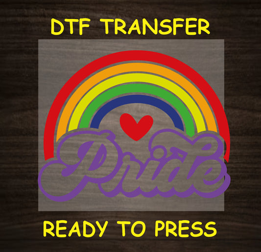 Rainbow with love heart and "Pride" text in a bold font, ready to press on apparel.