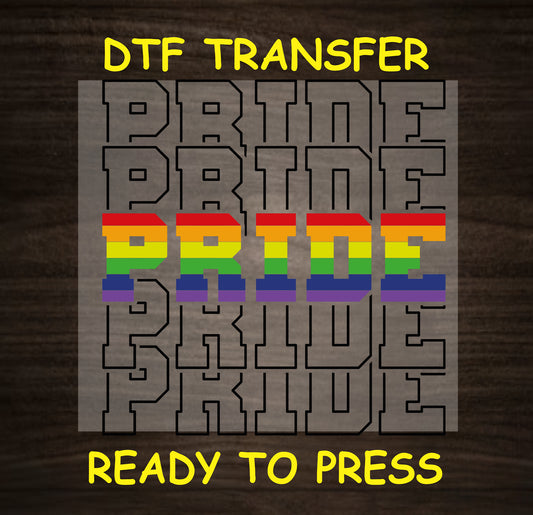 Rainbow block lettering "PRIDE" DTF transfer design, ready to press on apparel.