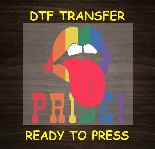 Rainbow lips and "Pride" text DTF transfer design, ready to press onto apparel.