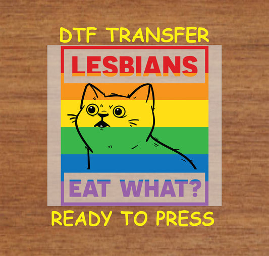 "Lesbians Eat What?" DTF transfer design with a rainbow flag and cartoon cat illustration for Pride.