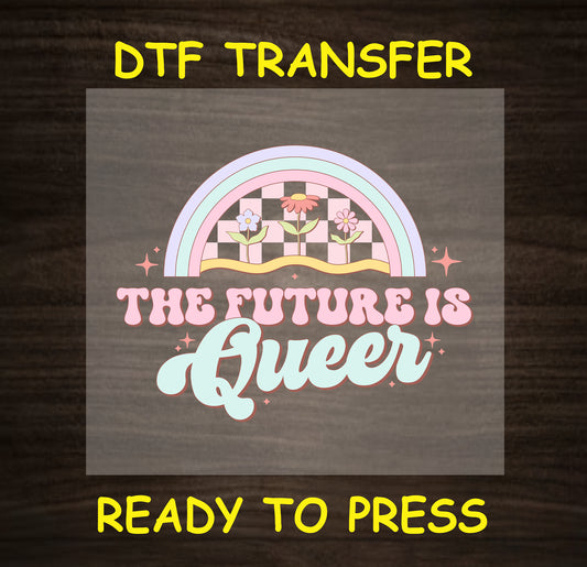 "The Future is Queer" rainbow design with flowers and checkered pattern in pastel colors.