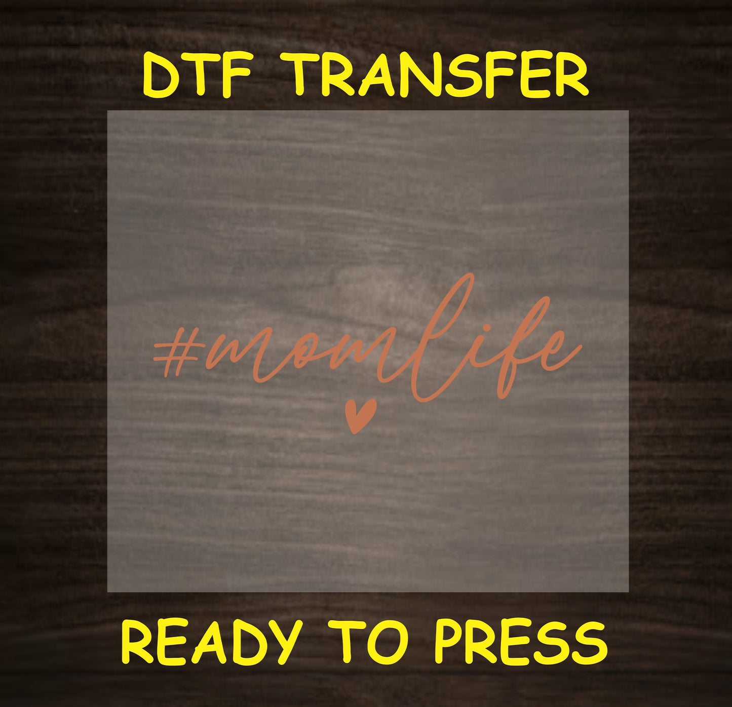 "#momlife" DTF transfer design featuring trendy text with a heart symbol, perfect for creating custom mom apparel.