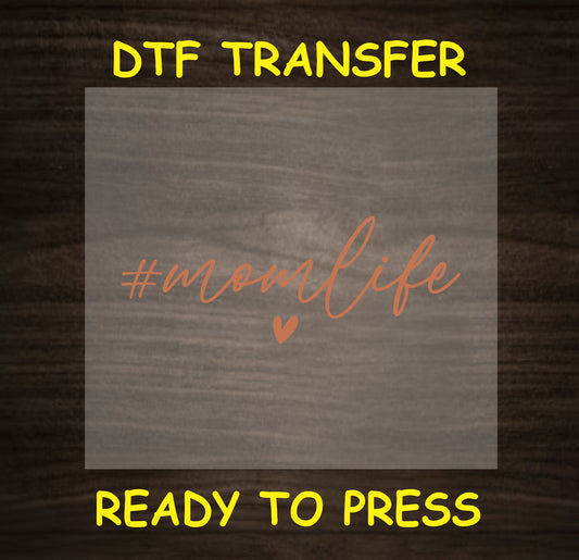 "#momlife" DTF transfer design featuring trendy text with a heart symbol, perfect for creating custom mom apparel.
