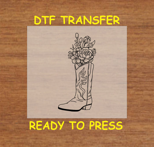 Cowboy boot filled with flowers DTF transfer design, perfect for Western and boho apparel.