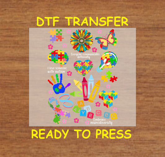 Colorful autism icons including puzzle hearts, crayons, handprint, butterfly, quotes, and blocks.