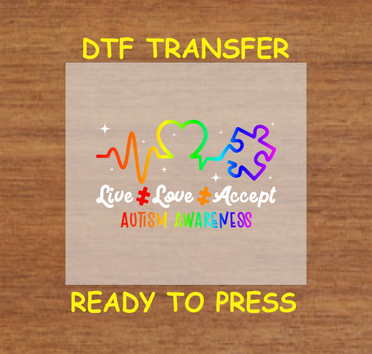 Live Love Accept autism awareness DTF transfer with rainbow heartbeat and puzzle piece.

