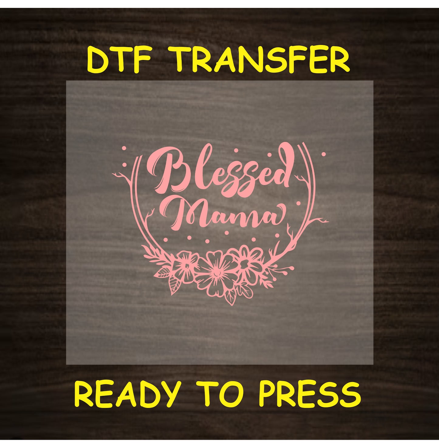 Blessed Mama text with floral wreath in pink.