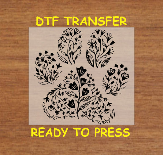 Black floral paw print DTF transfer with intricate flower and leaf outlines.