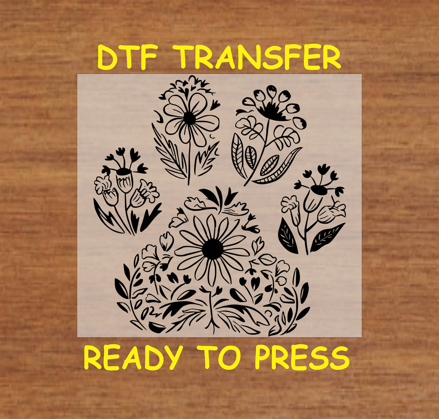 Black floral paw print DTF transfer with daisies and leaves in outline.