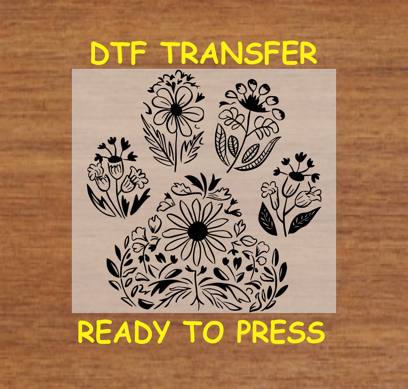 Black floral paw print DTF transfer with daisies and leaves in outline.