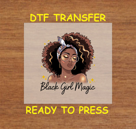 DTF transfer with confident woman wearing glasses and headwrap, surrounded by gold sparkle accents.