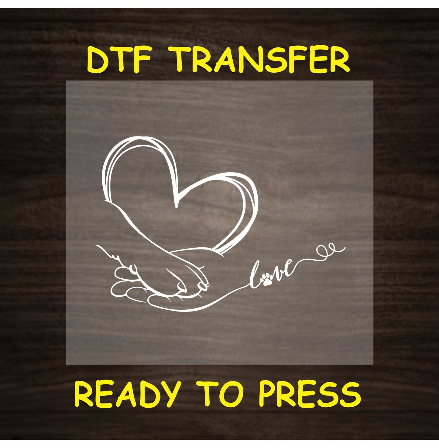 Minimalist line art of hand holding paw with heart and love text for DTF transfer.