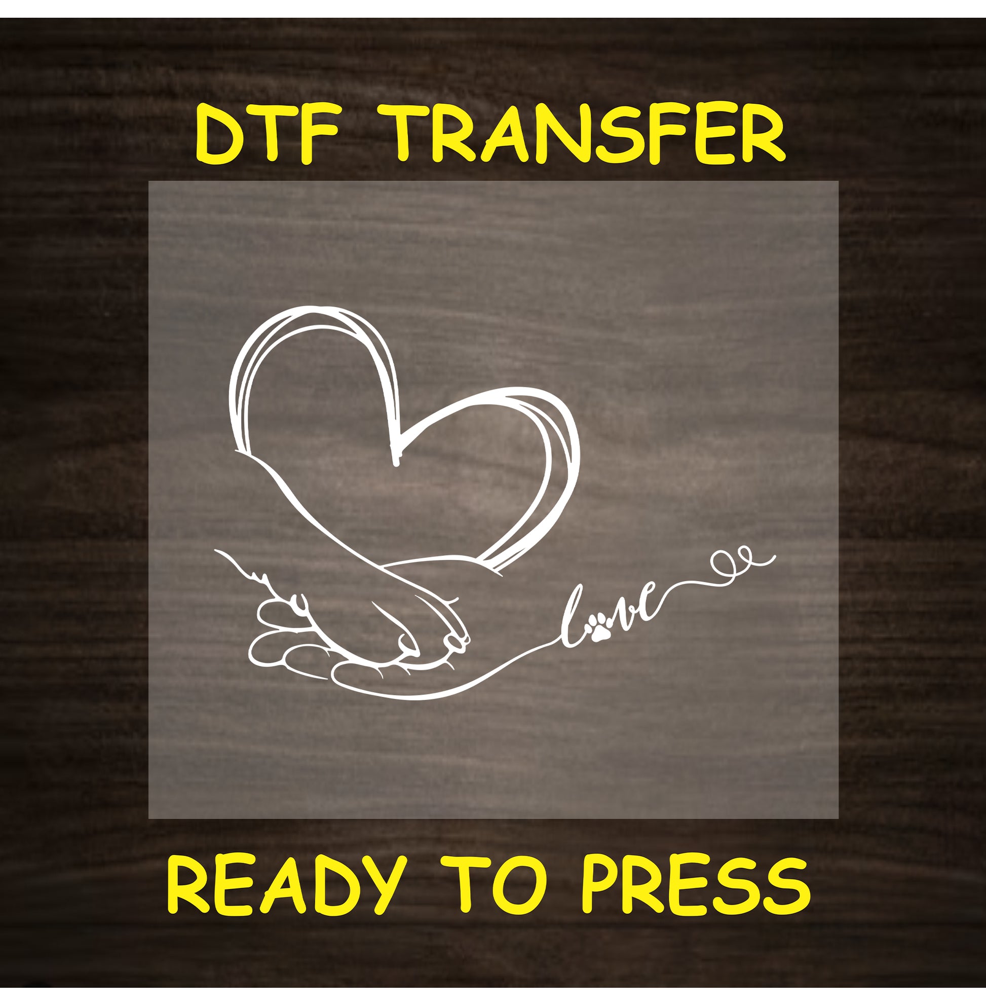 Minimalist line art of hand holding paw with heart and love text for DTF transfer.