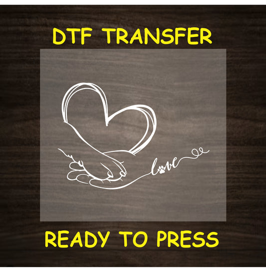 Minimalist line art of hand holding paw with heart and love text for DTF transfer.