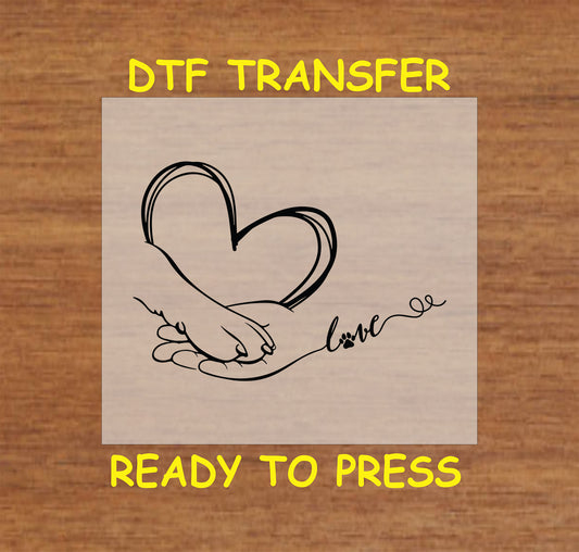 Black line art of hand holding paw with heart and love text for DTF transfer.