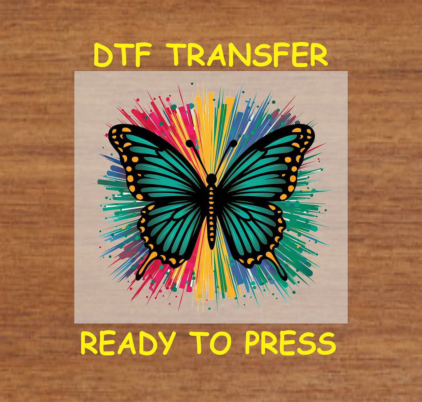 Turquoise butterfly with yellow spots on rainbow burst background DTF transfer