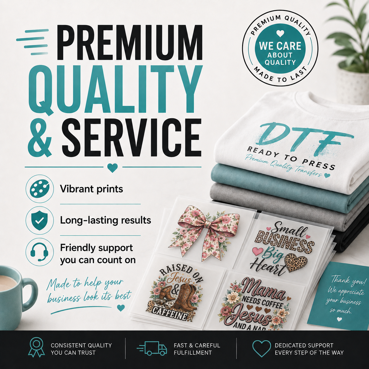 Promotional graphic for a DTF (Direct to Film) printing service, showcasing finished t-shirts and custom printed cards. The design features a stack of t-shirts in white, teal, and gray, along with several sample prints of motivational and floral designs.