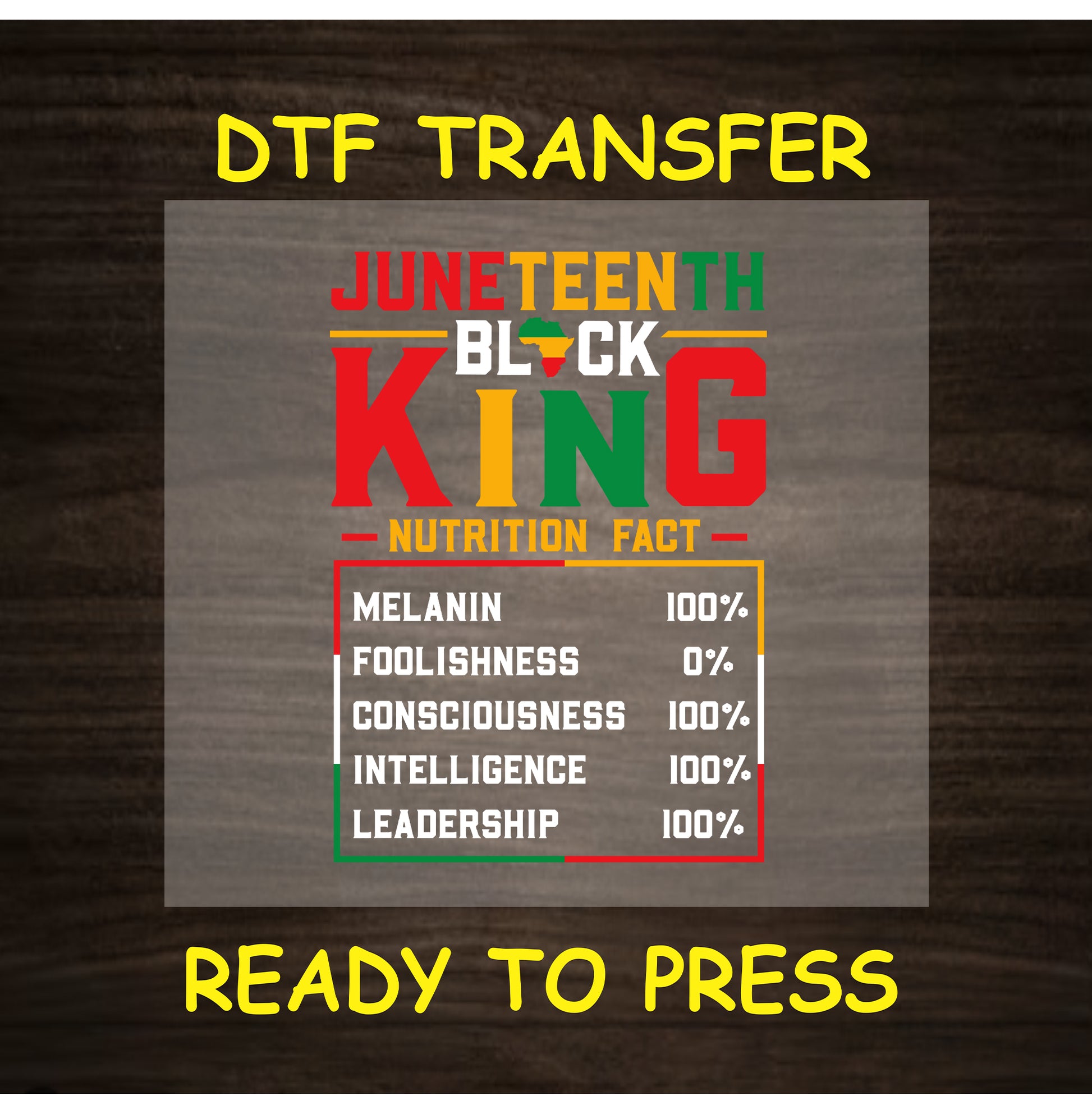 Juneteenth Black King Nutrition Fact DTF transfer in red, yellow, green, and white.
