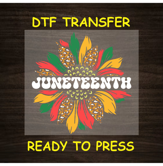 Juneteenth DTF transfer with sunflower petals in red, yellow, green, and leopard print.