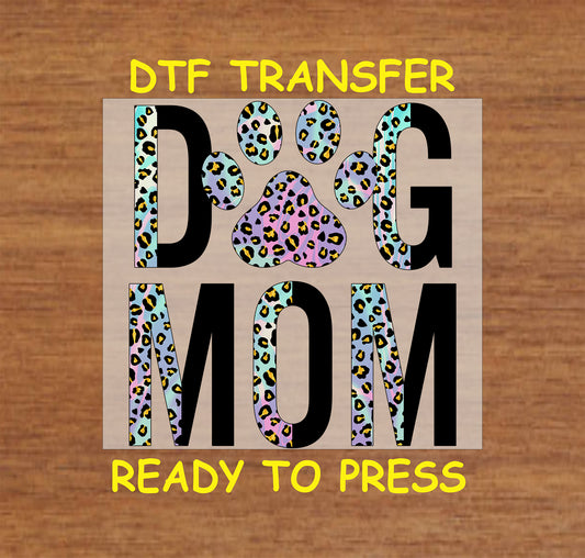 DTF transfer with black letters, pastel leopard paw, and colorful pet-themed design.
