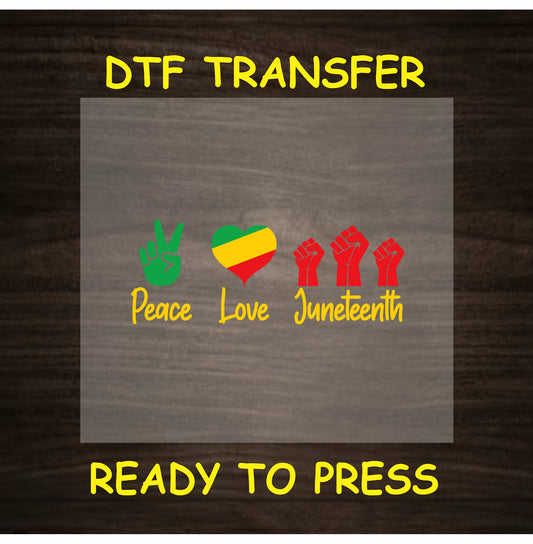Peace sign, heart with Pan-African colors, and raised fists with text Peace Love Juneteenth.