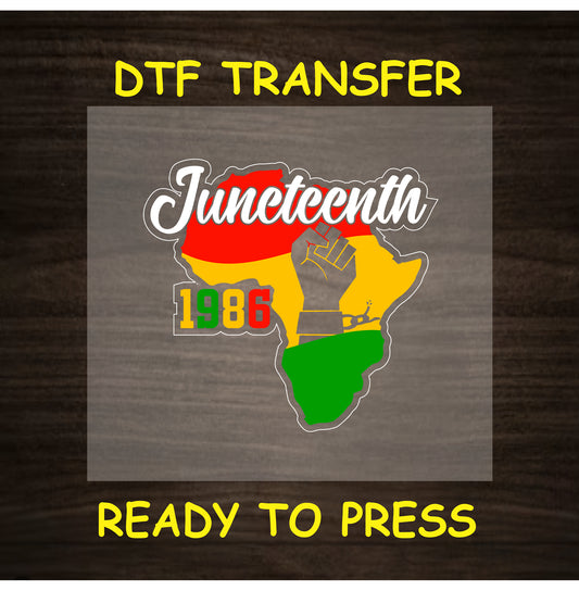 Juneteenth Africa map DTF transfer with raised fist and red yellow green colors.