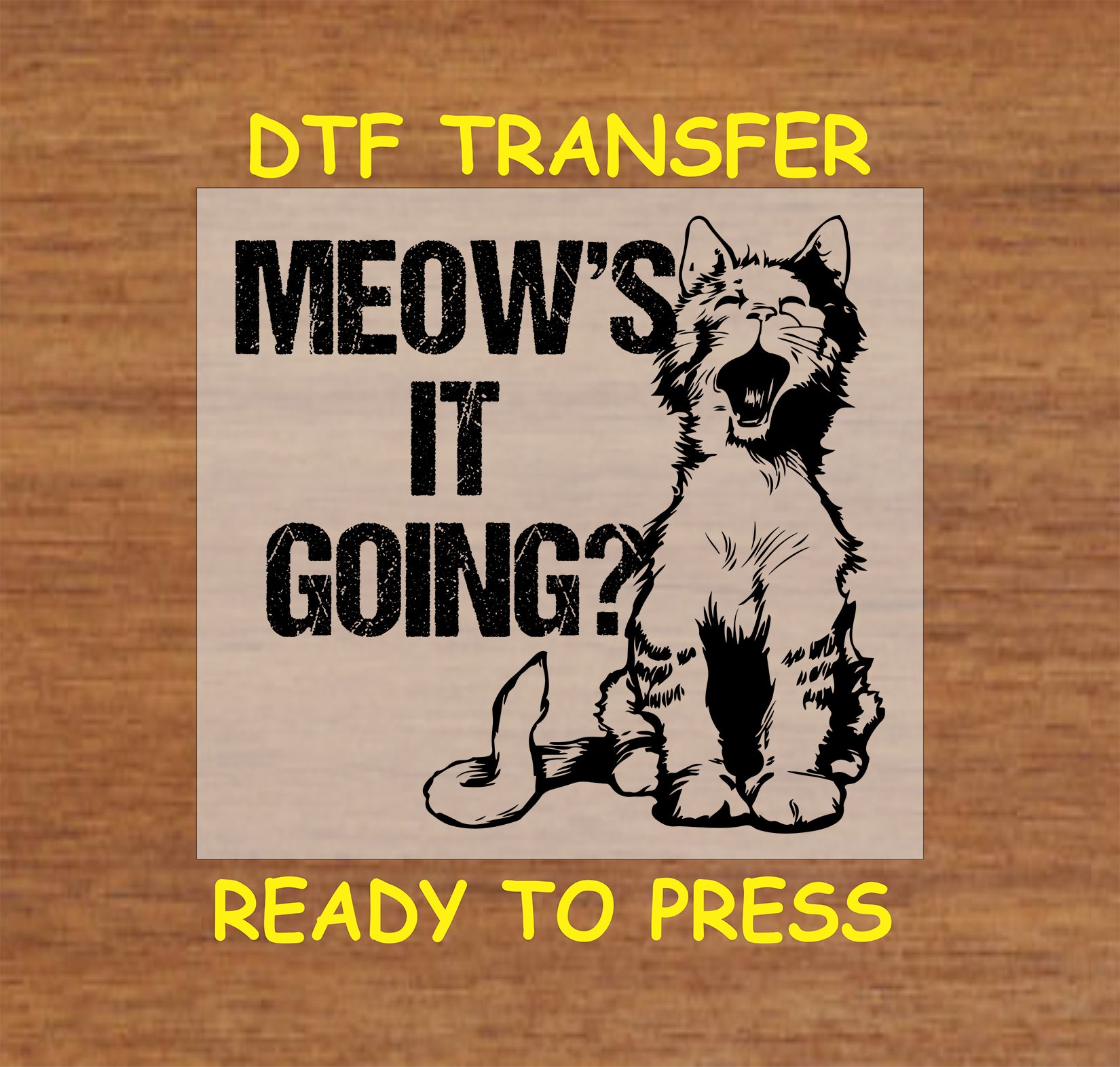 DTF transfer of laughing cat with text “Meow’s It Going?”