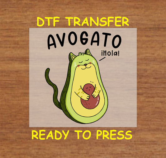 DTF transfer of a cat-avocado hybrid labeled “Avogato” with the word “¡Hola!”